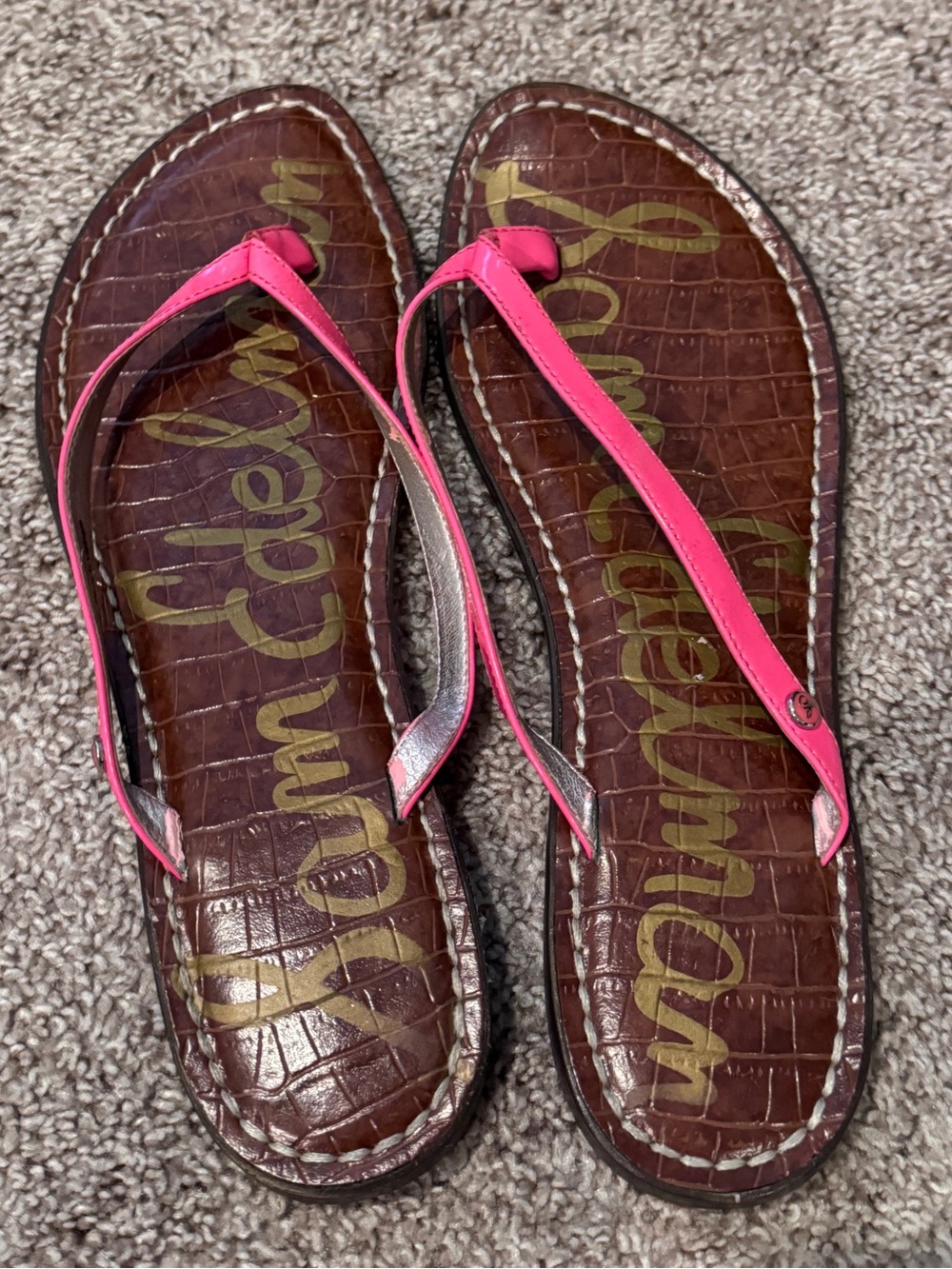 Sam Edelman Women's Pink Strap and Brown alligator style cushion Flipflops